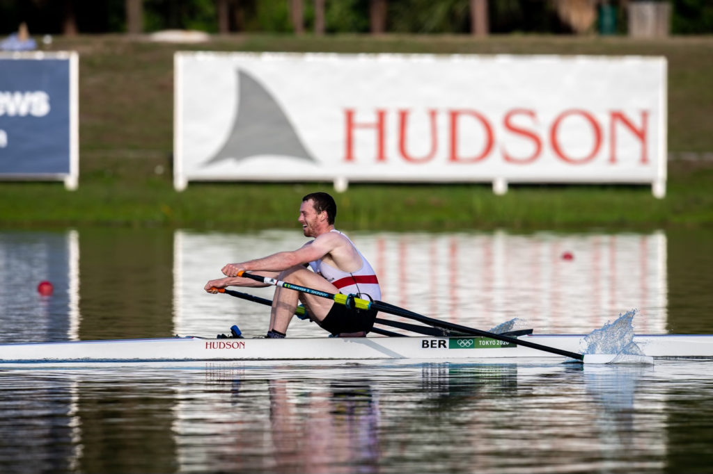 Ben Davison near the finish line during the A final of the men's single event at the 2022 USRowing NSR I and Senior/Para Speed Order.