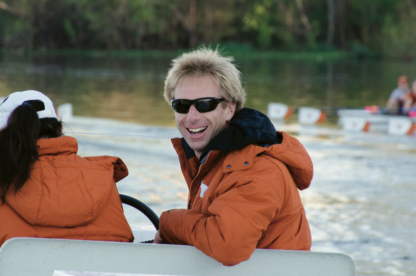 Dave O'Neill in the rowing coaching launch
